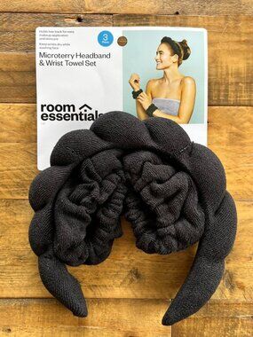 NWT Room Essentials Black Microterry Headband and Wristbands Set